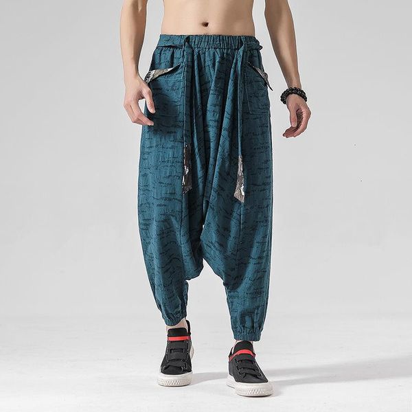

men's pants mrgb chinese style casual men harem printed belt decoration cross-pants for man oversized baggy trousers male 2021 fashion, Black
