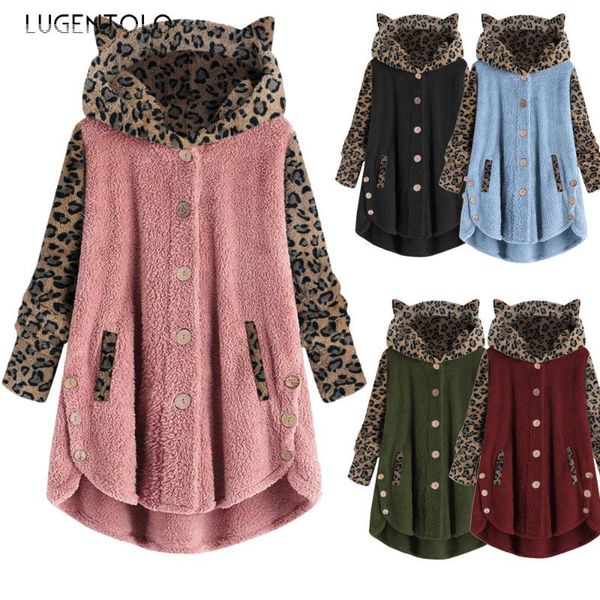 

women's hoodies & sweatshirts women plush autumn long sleeve large size button leopard splicing loose female casual hooded, Black