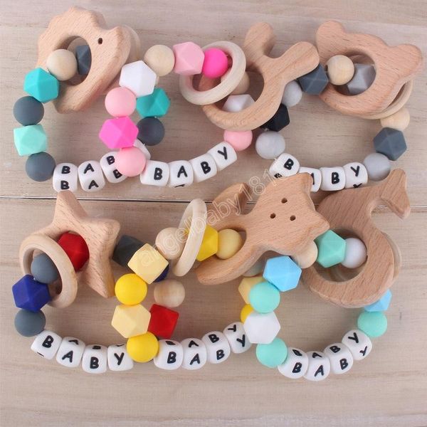 

baby teethers toys silicone beech wooden teether bracelet wood teething ring chewable toy infant soother