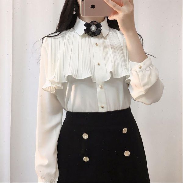 

ruffles chiffon fashion long sleeve womens blouses clothing elegant, White