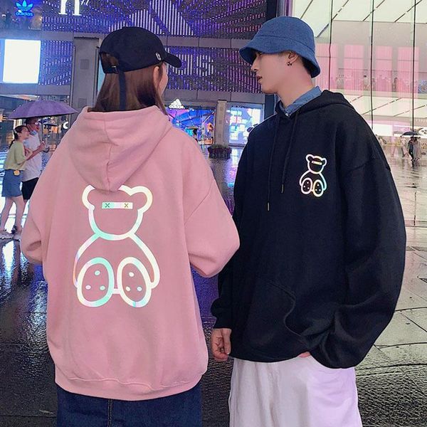 

men's hoodies & sweatshirts spring and autumn women's reflective oversized casual hoodie anime bear bright down shoulder sweatshir, Black