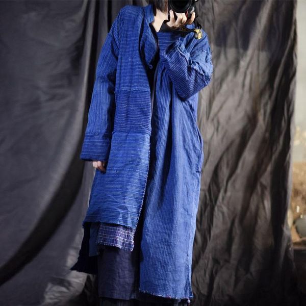 

women's trench coats johnature autumn winter retro patchwork striped irregular windbreaker 2021 cotton linen comfortable all-match wome, Tan;black