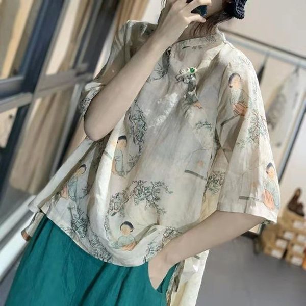 

women's blouses & shirts arrival summer arts style women loose casual short sleeve o-neck blouse vintga print single button cott, White