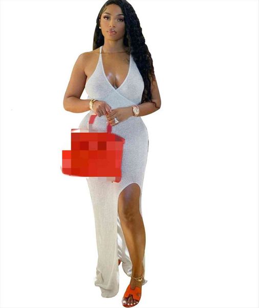 

slit knitted halter womens dresses backless deep v neck crochet long crocheted beach, Black;gray