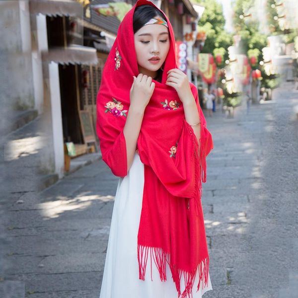 

scarves autumn winter handmde beads embroider flower shawl women long korea style pashmina cashmere scarf with tassel, Blue;gray