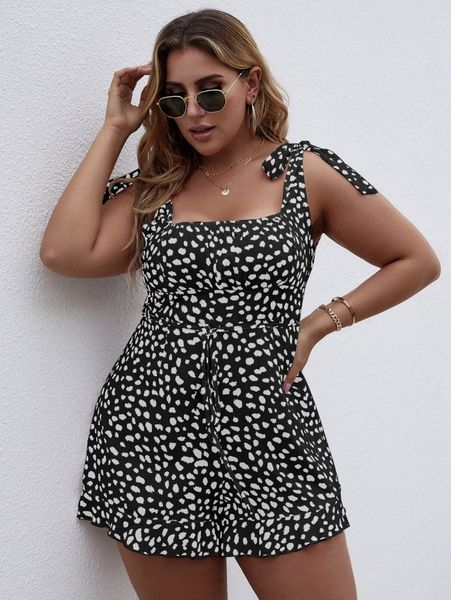 

plus dalmatian print knotted romper v3bn#, Black