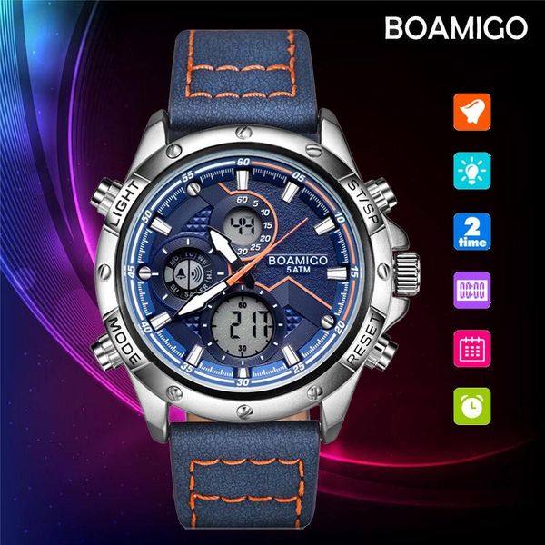 

wristwatches boamigo analog and digital dual display men military sport watch leather strap led light multifunction man chronograph watches, Slivery;brown