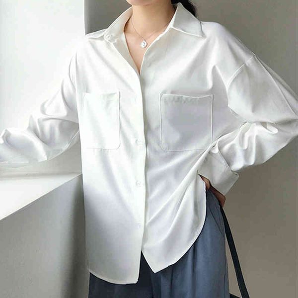 

ricorit women shirts blouses female long sleeve casual turn-down collar pockets ol summer loose blouses office lady 210419, White