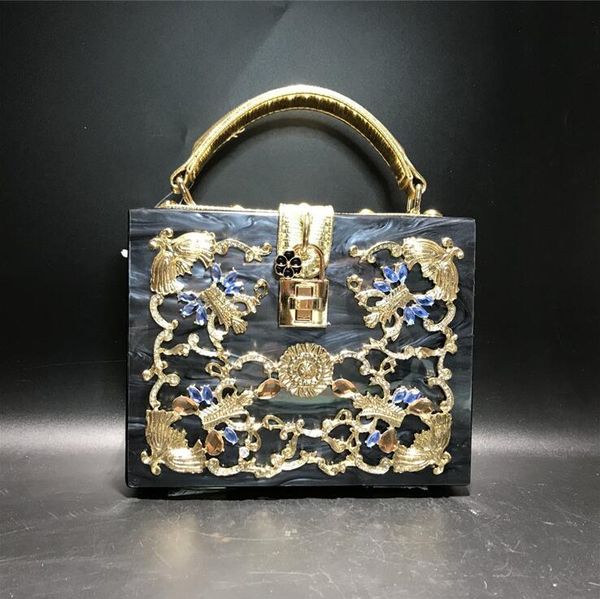 

factory wholesale women leather shoulder bags luxury metal carved acrylic dinner bag sweet hollow flower fashion handbags elegant diamonds h