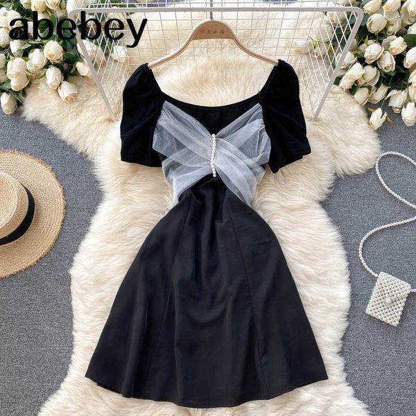 

summer women's fashion mesh v neck thin short-sleeved mini a-line dress korean vintage clothes vestidos de mujer 210715, Black;gray