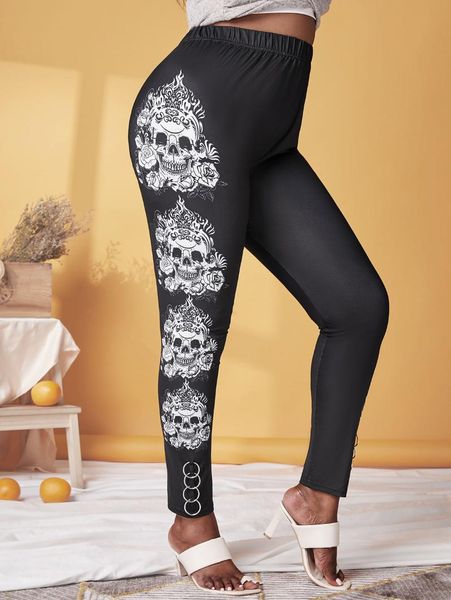 

women's leggings rosegal gothic women plus size halloween o rings skull print skinny fall autumn pencil pants 2021 casual, Black
