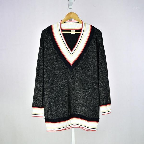 

women's sweaters v-neck large loose fashion long sweater women autumn and winter color contrast, White;black