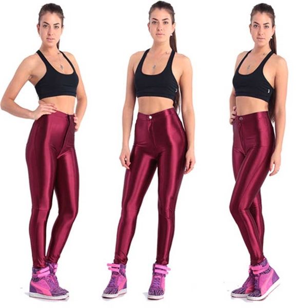 

solid fluorescent leggings women casual plus size multicolor shiny glossy legging female elastic pant sporty clothes 210820, Black