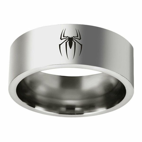

men's silver ring spider logo stainless steel superhero band size 6-13