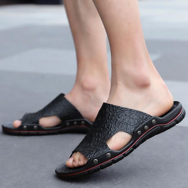 

slippers genuine leather sandals mentrend outdoor summer beach anti-slippery casual shoes flip flops male sandalias zapatos, Black