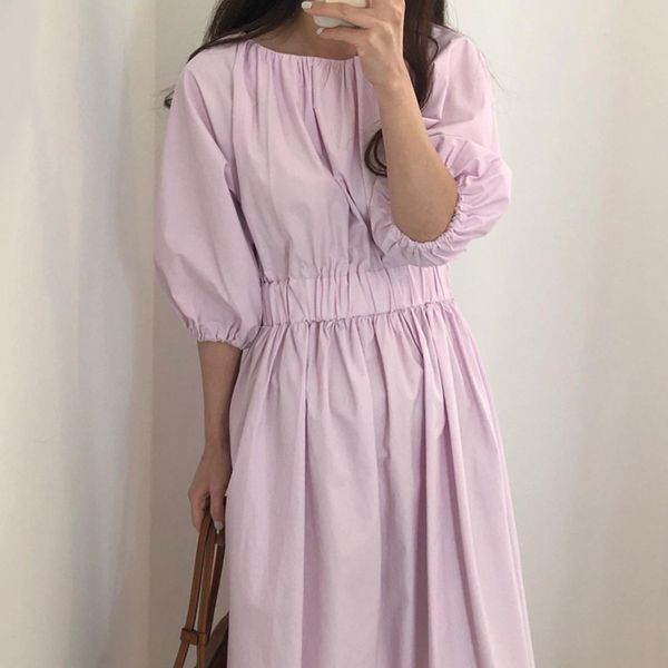 Летняя Корея шикарный повседневная мода вокруг шеи сплошной цвет сгибает пять точечных слоеных рукав платье женщины розовый халат 16W1062 210510
