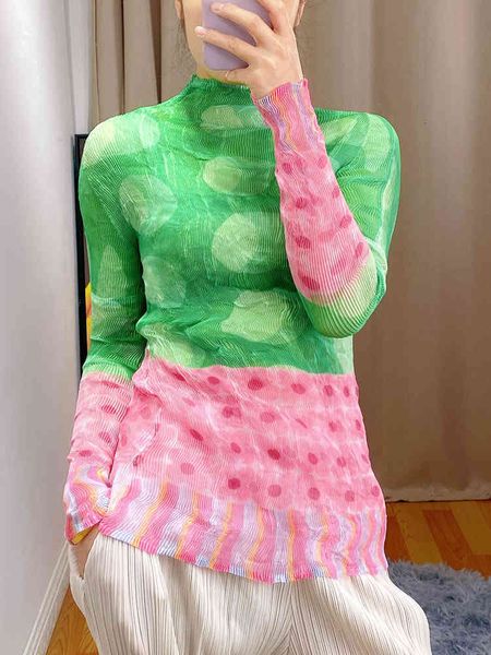 

polo spring and summer women's printed bottoming shirt miyak fold fashion elasticity slim long sleeve high neck see-through, White