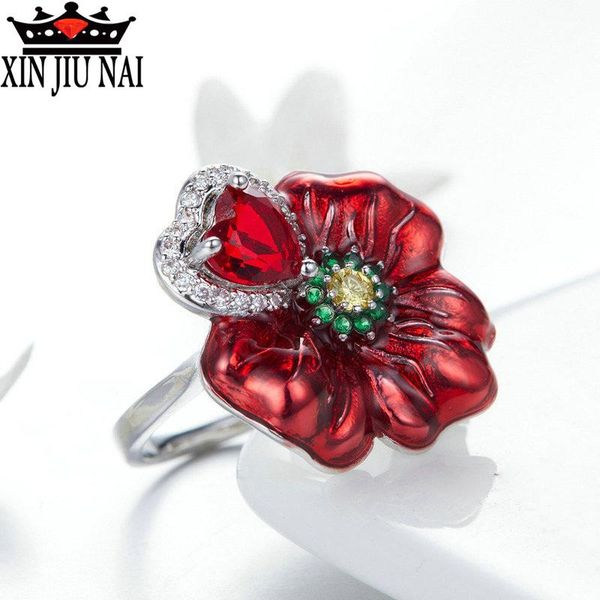 

cluster rings fashion red rose flower index finger crystal heart enamel for women dance party jewelry, Golden;silver