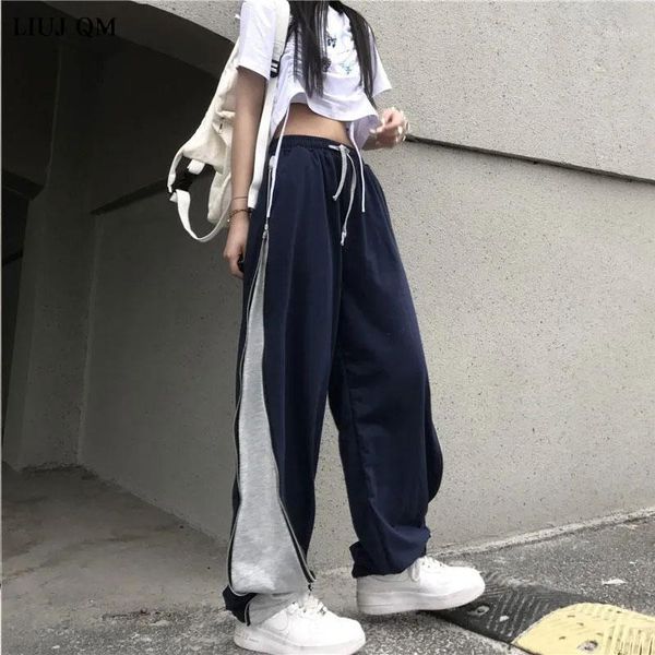 

women's pants & capris korean fashion sports casual women spring harajuku zipper straight wide leg pant high waist plus size loose trou, Black;white