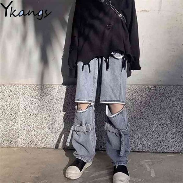 

gothic streetwear removable zip casual baggy vintagehigh waist denim harajuku hip hop korean style loose wide leg jeans, Blue