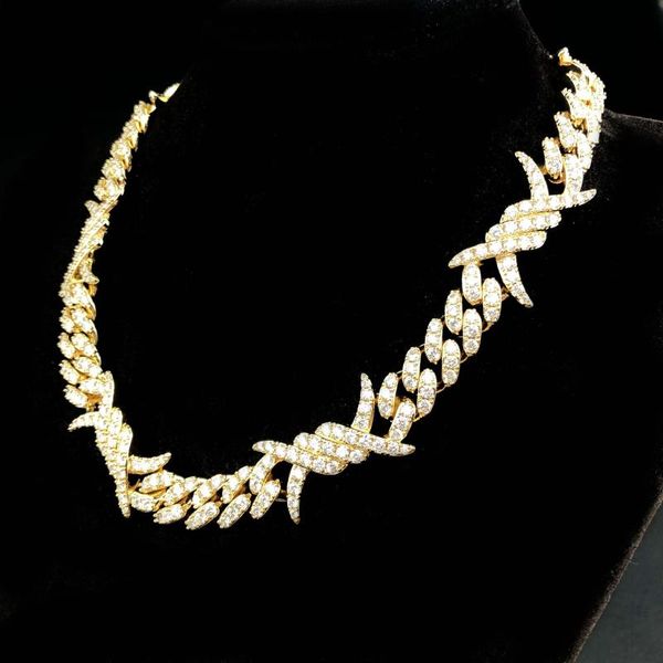 

chains 12mm 18k gold plated iced out barb wire cuban link chain, Silver