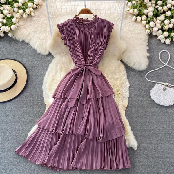 

casual dresses summer korean slim medium long pleated dress girl bottomed edge stand collar women sleeveless ruffles, Black;gray