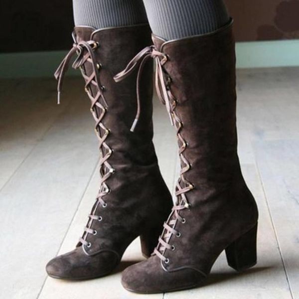 

boots 2021 women's winter black women shoes knee high casual retro mid-calf lace up heels