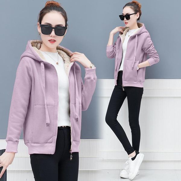 

women's hoodies & sweatshirts fall/winter lamb cashmere plus velvet thick loose ladies hoodie solid color zipper warm women pocket stra, Black