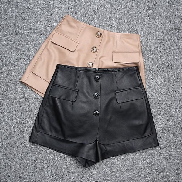 

women's shorts factory style women fashion casual genuine sheepskin leather with button, White;black