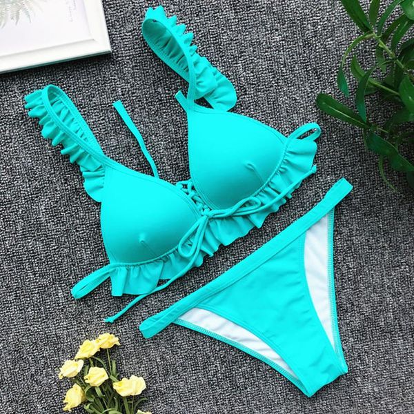

women's swimwear 2021 fashion bikini two-piece swimsuits sky blue ruffles beachwear bahting suit lady sports push up for pool, White;black