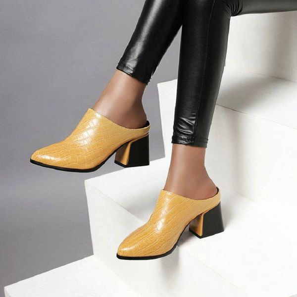

slippers zawsthia 2021 pointed toe chunky high heeled women's summer sandals yellow white lady slides woman mules size 33-43, Black