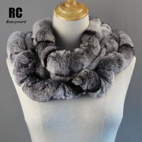 

scarves [rancyword] women scarf winter luxury knitted female real rex fur collar warm neck color pompoms 2021 brand rc1399, Blue;gray