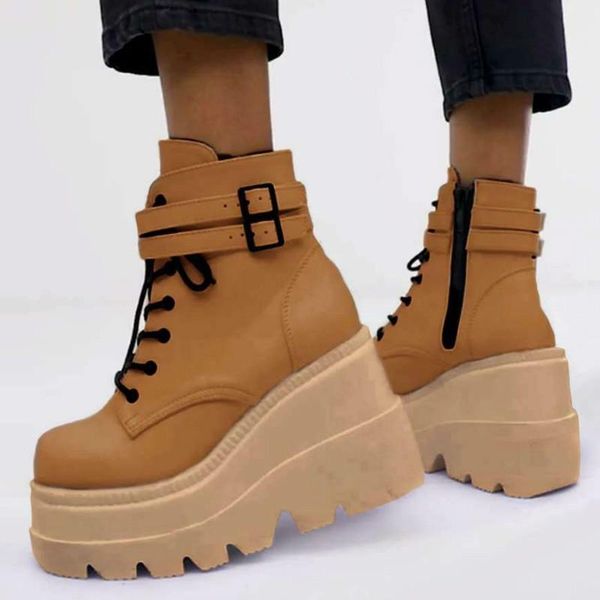 

fashion high platform boots leather wedges ankle women 2021 female punk style heels shoes for woman goth, Black