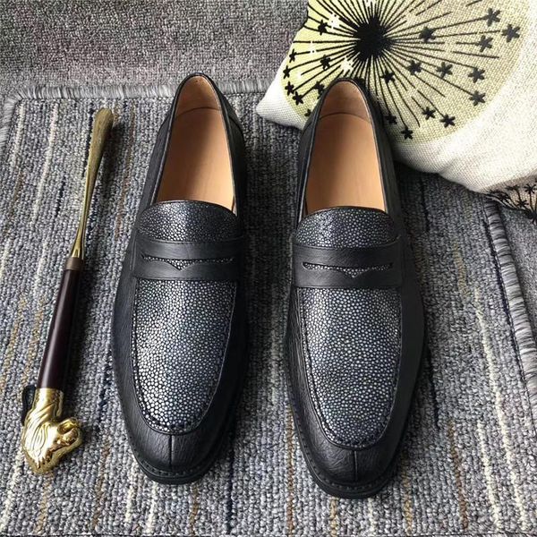 

dress shoes authentic real true ostrich skin businessmen oxford genuine exotic stingray leather male slip-on loafers for suit, Black