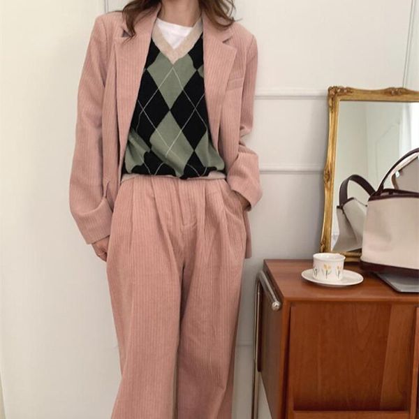 

women's two piece pants hzirip women blazer and wide leg pieces sets ol vintage corduroy jacket formal suit trousers spring autumn wint, White