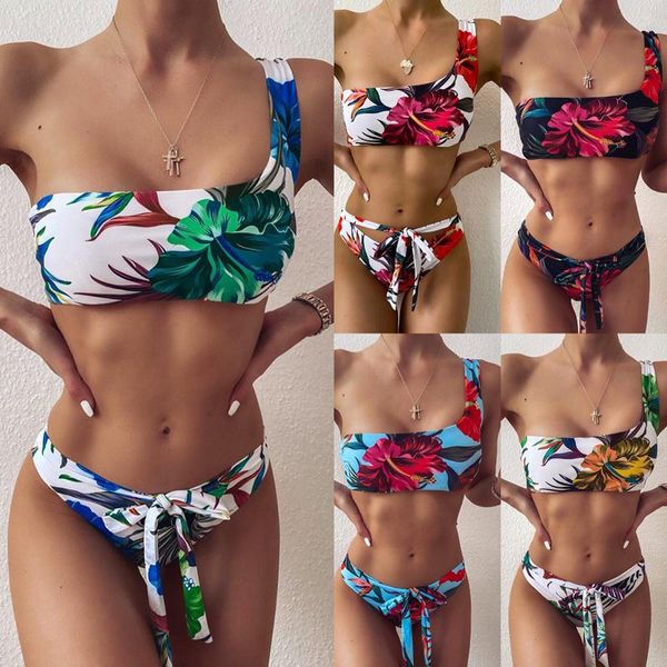 

women's swimwear 2021 one shoulder floral bikini female swimsuit women two-pieces set bather bathing suit swim lady, White;black