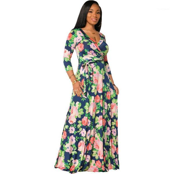 

casual dresses elegant floral printed wrap dress women v neck 3/4 sleeve high waist a-line maxi with sashes chic vintage robe 2021, Black;gray