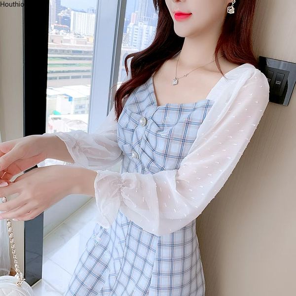 

casual dresses chiffon loose plus size women's mid-length dress fashion long sleeve splicing v-neck autumn houthion, Black;gray