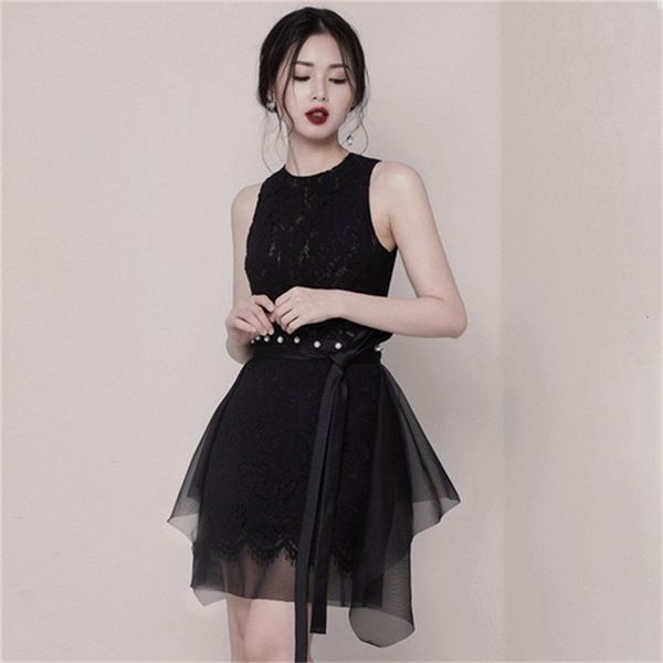 

casual dresses summer france style luxury runway black lace woman elegant sleeveless hollow out evening party vestidos femme kbq4, Black;gray