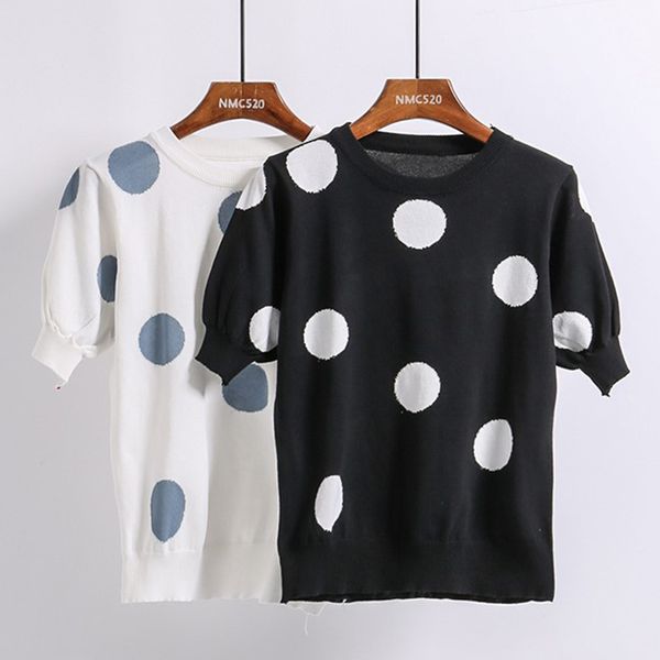 

black white polka dot knitted short sleeve tee t shirt o neck summer casual b0473 210514