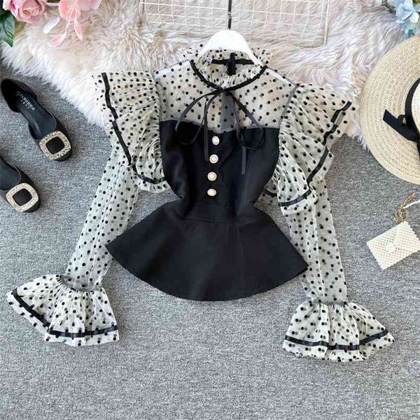 

women's french vintage shirt spring autumn temperament wave dot mesh patchwork ruffled flare sleeve ml686 210506, White