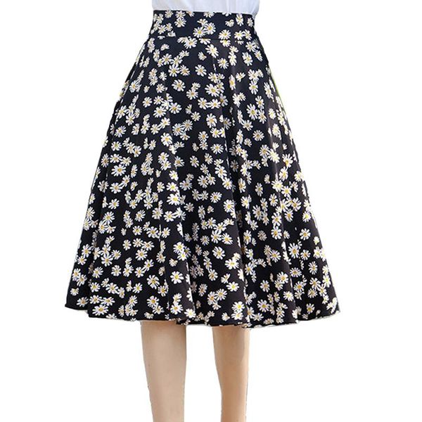 

skirts plus size women chiffon skirt korea fashion small daisy midi lining jupe femme falda mujer summer print floral, Black