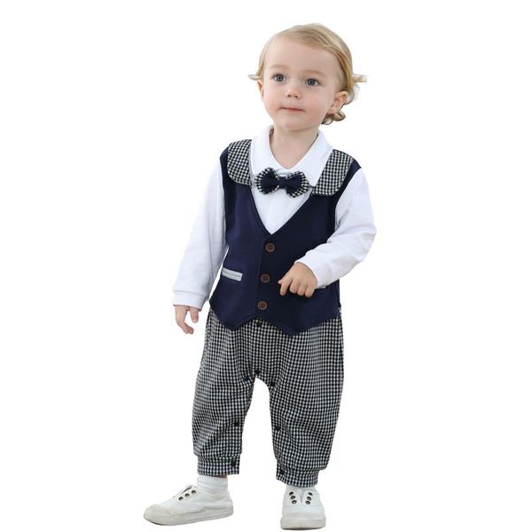 

jumpsuits baby boy born gentleman formal party suit long sleeve shirt waistcoat bowtie tuxedo baptism christening outfit romper, Blue