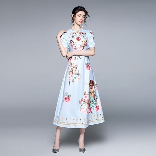 

summer fashion casual women o-neck short sleeve retro angel print dress plus size 210531, Black;gray