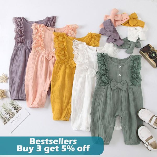 

printing jumpsuit born infant baby girl cotton linen romper lace bow one piece clothes summer rompers, Blue