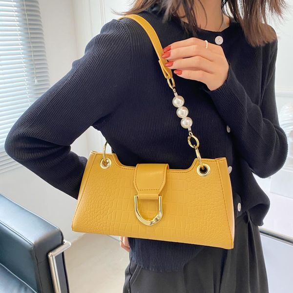 

evening bags female shoulder bag yellow fashion crossbody for women pu leather ladies daily small all-match with pearl chain