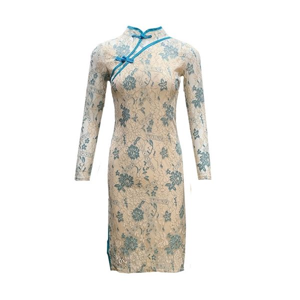 

spring autumn women's dress french long sleeve lace improved cheongsam slimming thin female es gx195 210507, Black;gray