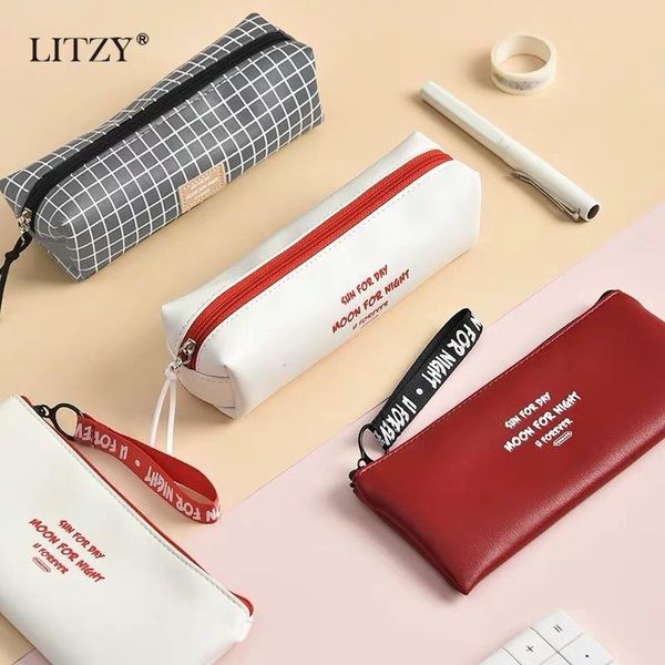 

black grid pencil case school leather cases for girls boy portable zipper big pen bag letter pencilcase office supplies bags