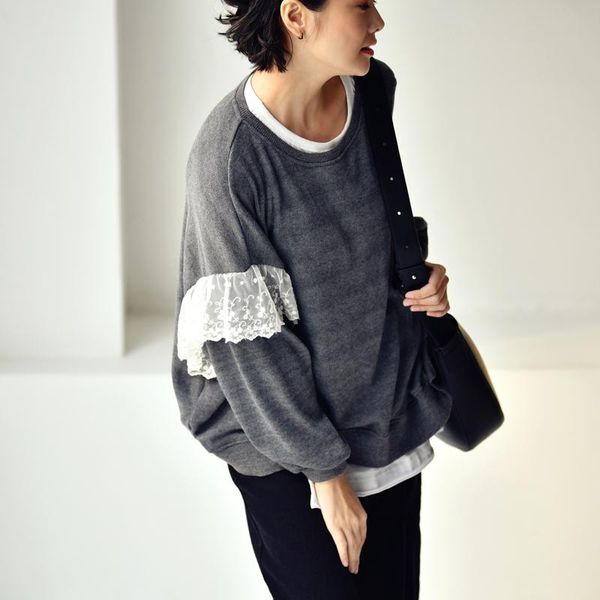 

leisure literature and art sweet lace splicing loose comfortable round get short money set of head hoodie women's hoodies & sweatshir s, Black