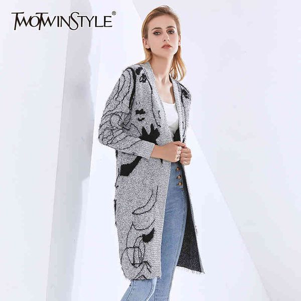 

twotwinstyle printed character knitted cardigans for women v neck long sleeve casual sweater female fashion autumn 210517, White;black